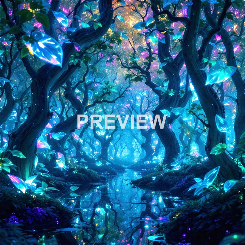 A mystical forest scene illuminated with glowing, colorful leaves and twisted trees, with a calm reflective stream running through the center.